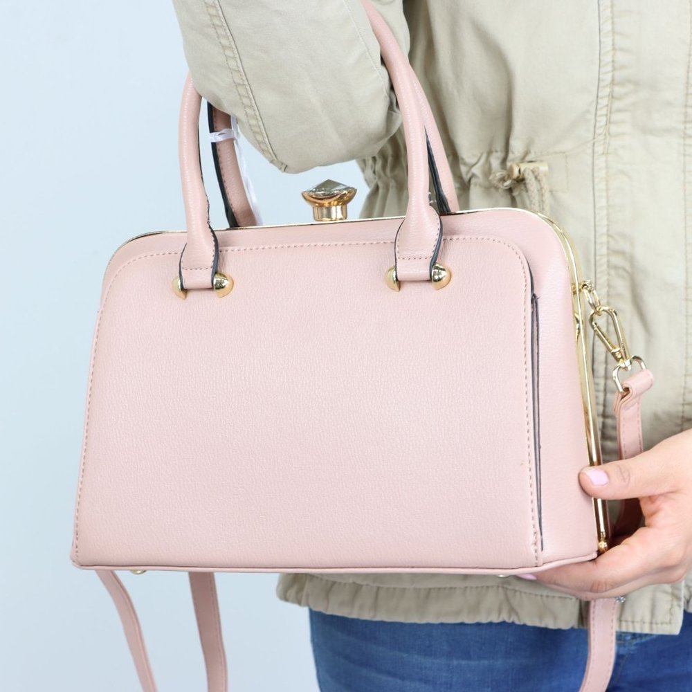 Pink Faux Leather Purse Diamond Snap Closure Doctor Satchel Tote Hand Bag - Picture 11 of 13